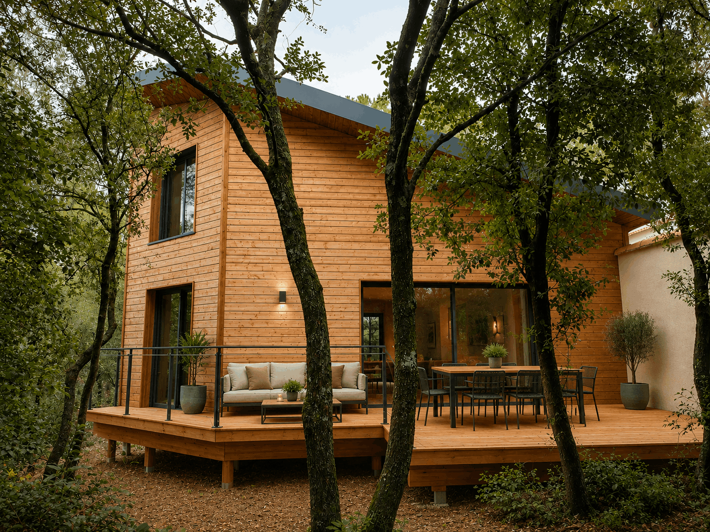 Maison contemporaine conçue par Home Habilis avec structure métallique sur un terrain en pente.