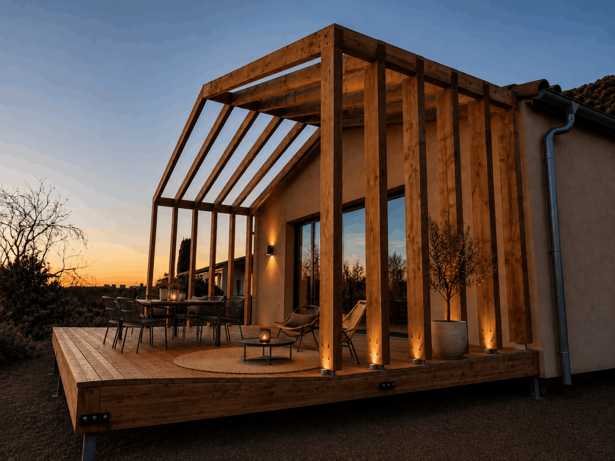 Maison contemporaine sur pilotis avec fondations Technopieux adaptée à un terrain en forte pente.