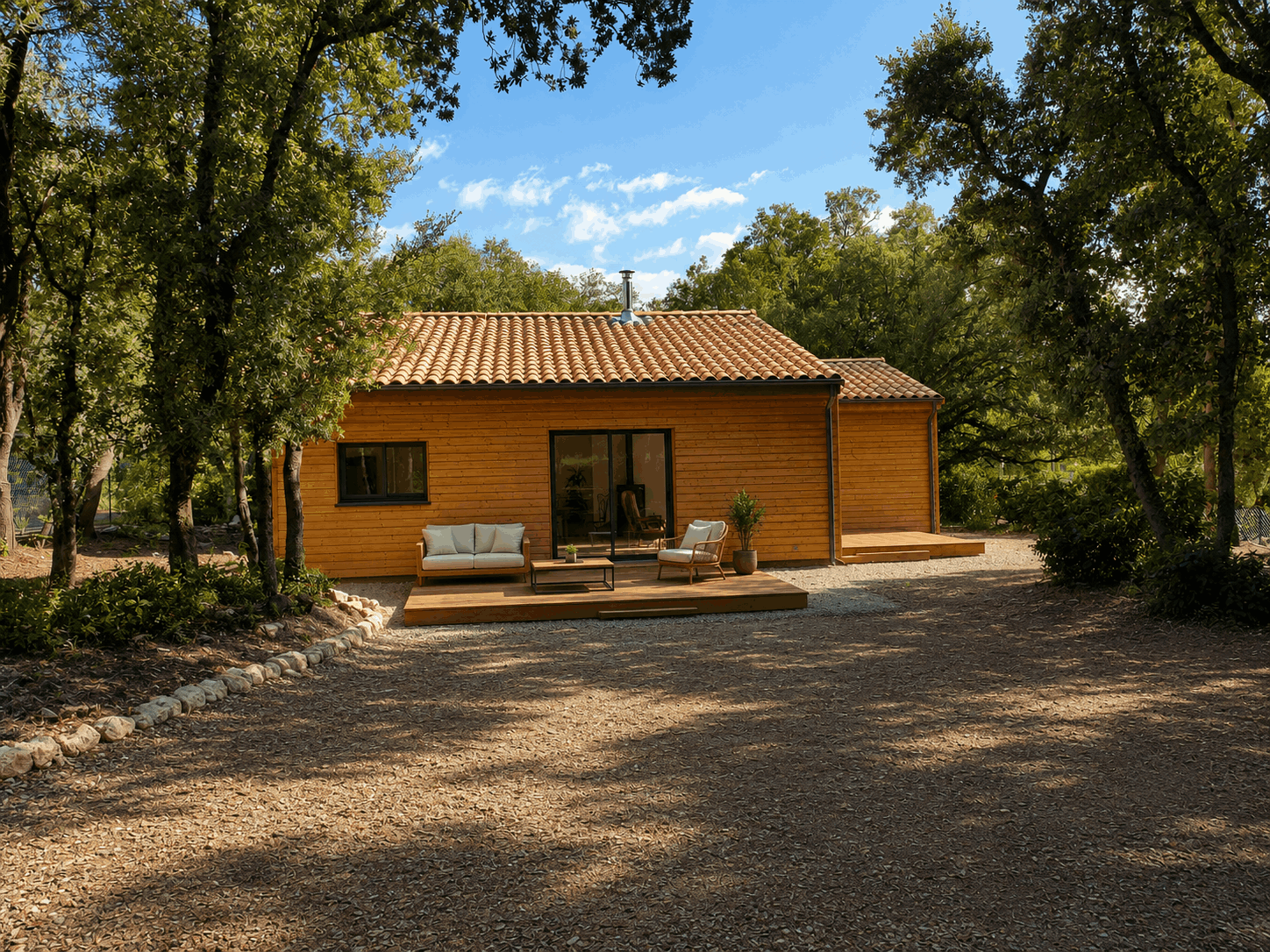 Maison contemporaine posée sur radier avec isolation extérieure en fibre de bois et façade bardage horizontal bois.
